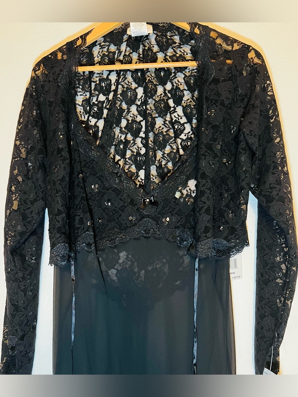 Womens SZ Lg NWT Black Sheer Set Lacey Baby Doll Slip Nightgown w Lacey Crop